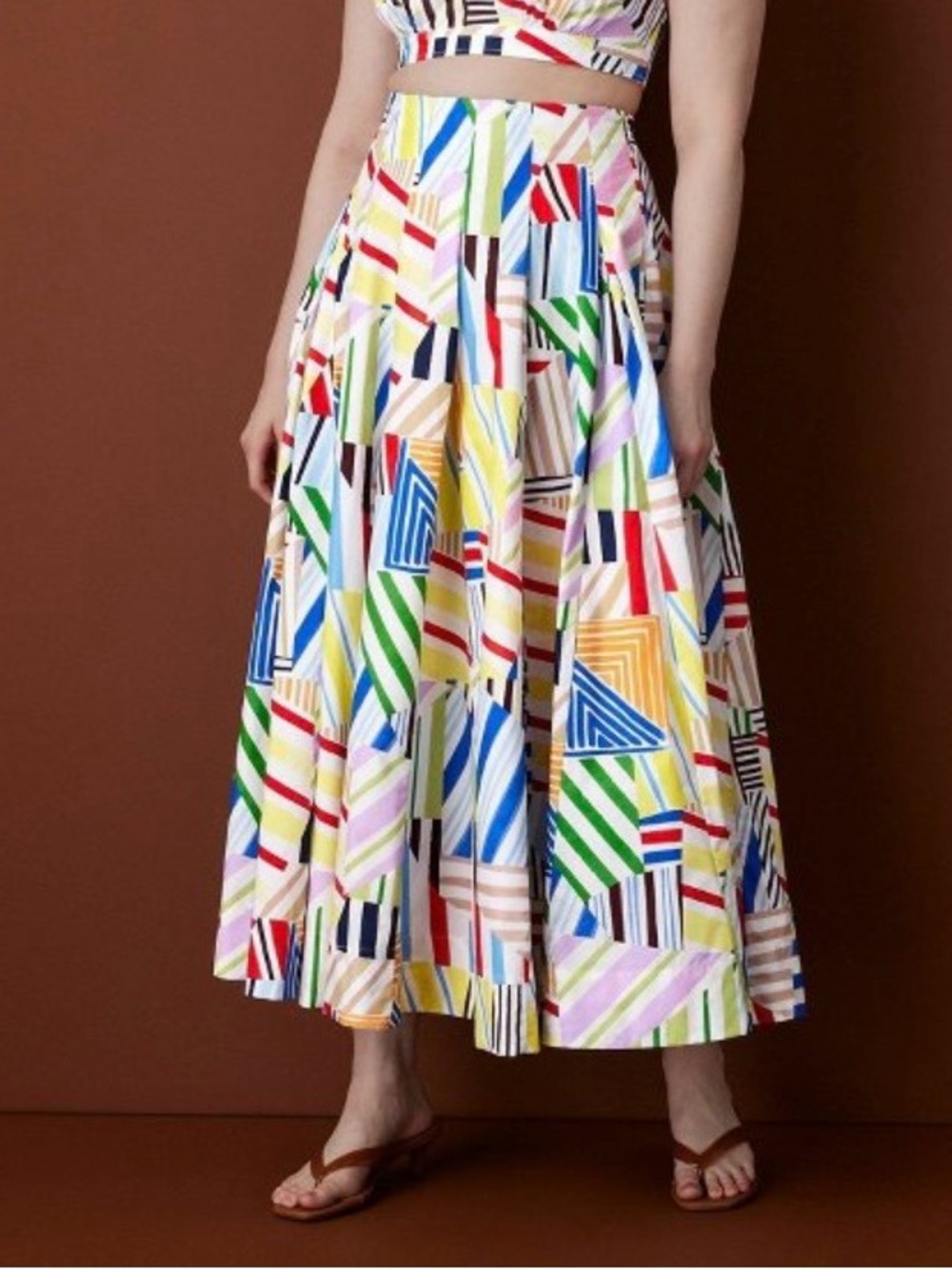 Rosie Assoulin Women's Pleated Poplin Madras Casual Midi Skirt Multi 10 NWT